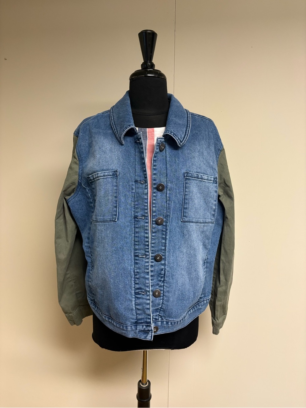 Denim Jacket with Olive Green Sleeves